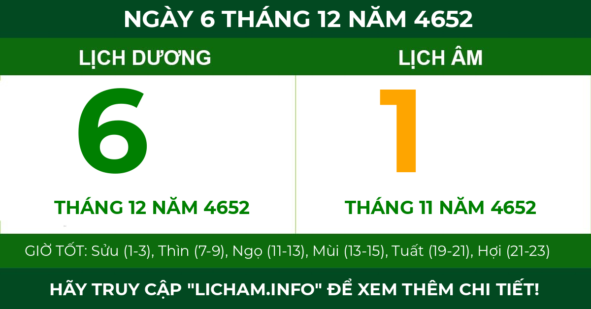 lịch âm ngày 6 tháng 12 năm 4652