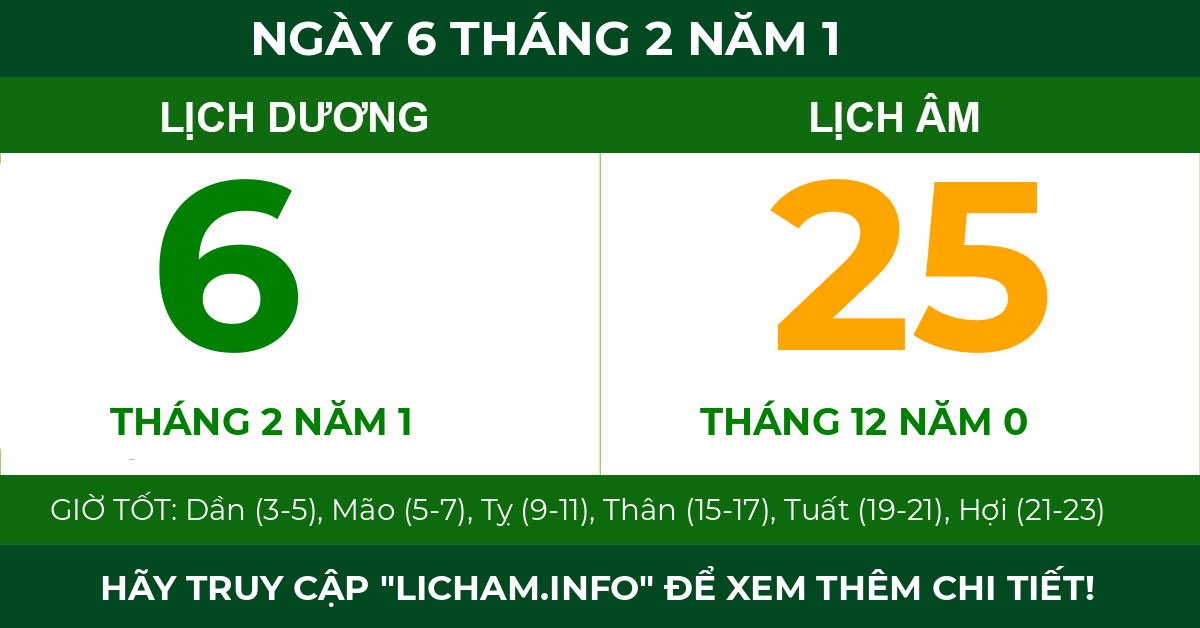 lịch âm ngày 6 tháng 2 năm 1