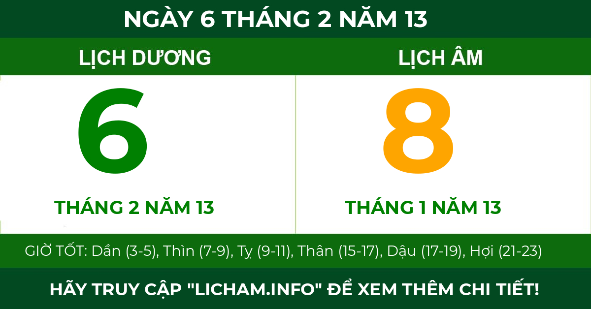 lịch âm ngày 6 tháng 2 năm 13