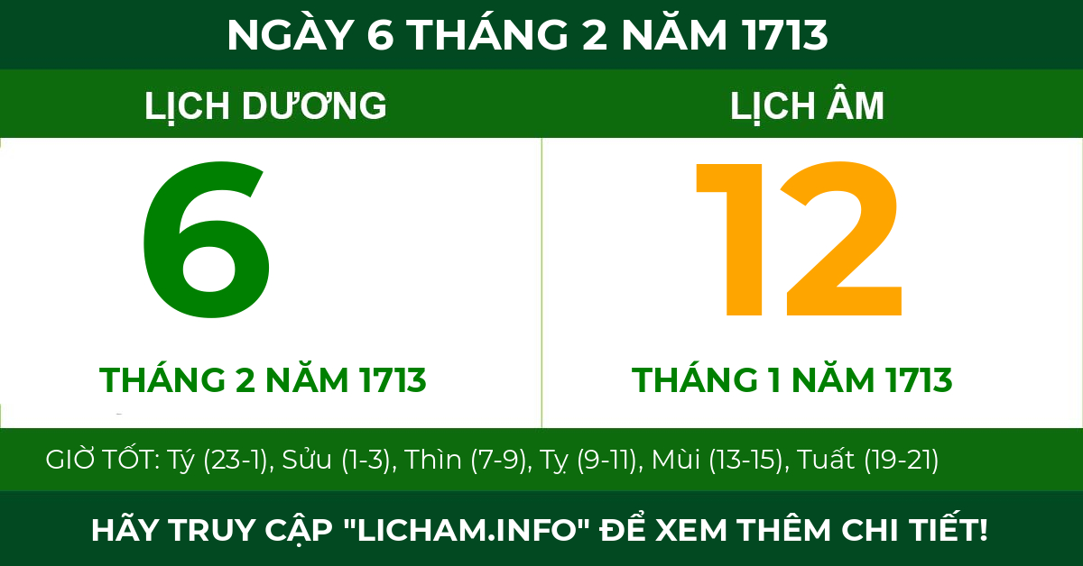 lịch âm ngày 6 tháng 2 năm 1713