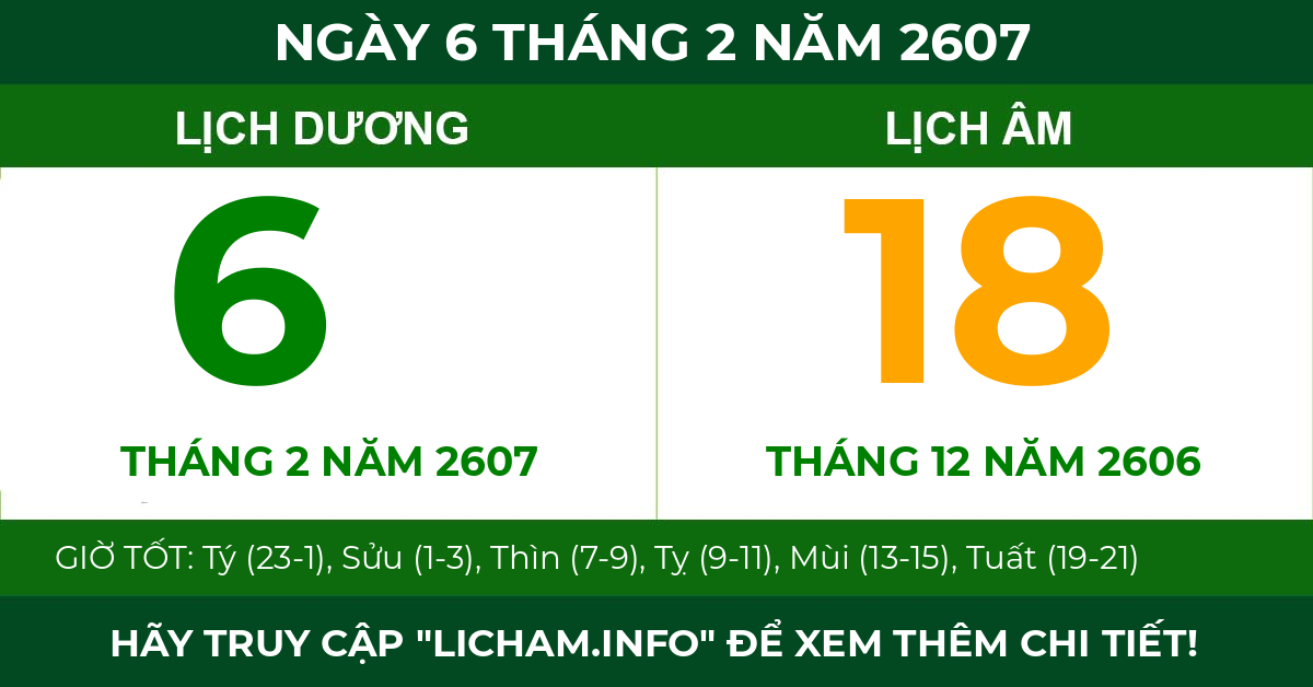 lịch âm ngày 6 tháng 2 năm 2607
