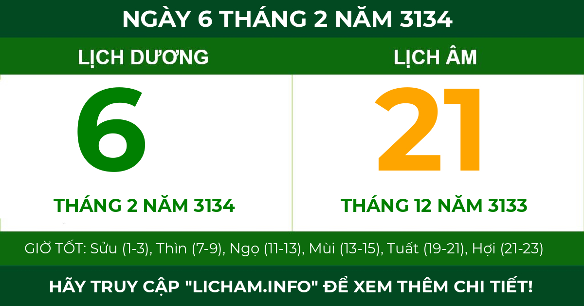 lịch âm ngày 6 tháng 2 năm 3134