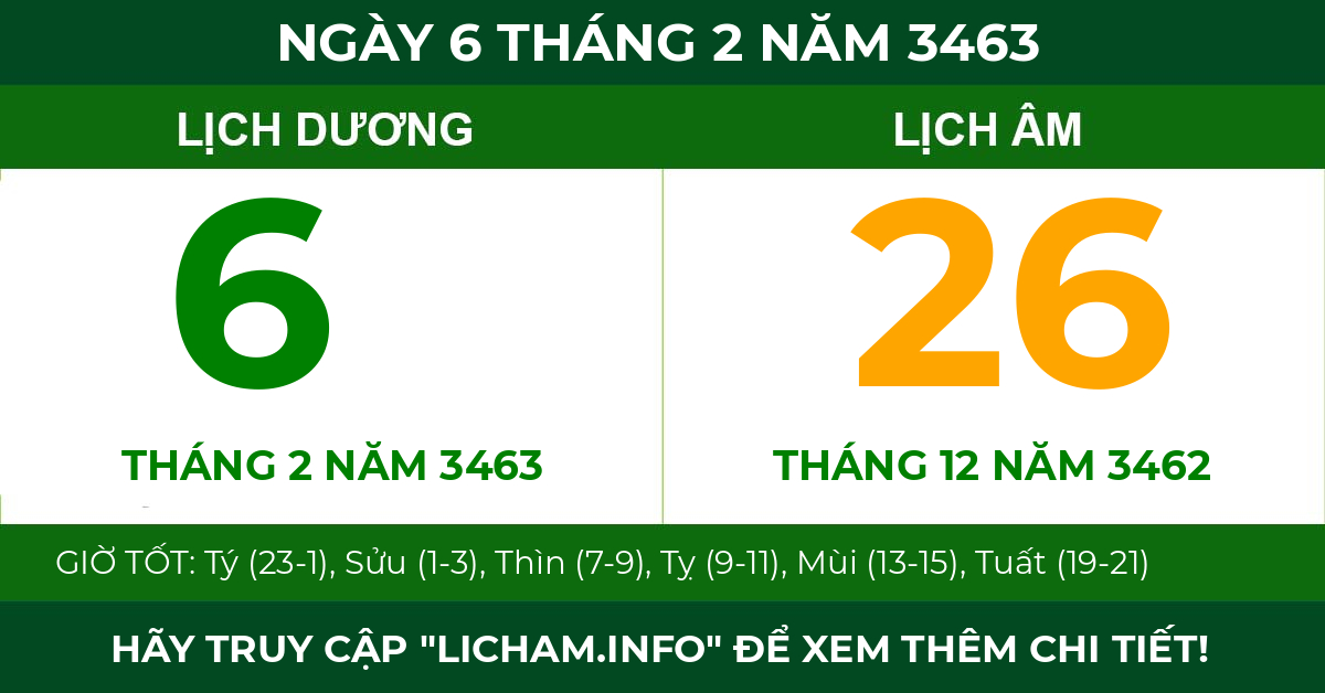 lịch âm ngày 6 tháng 2 năm 3463