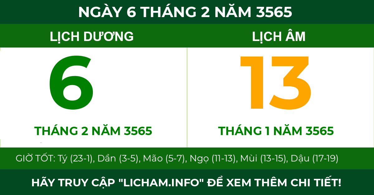 lịch âm ngày 6 tháng 2 năm 3565