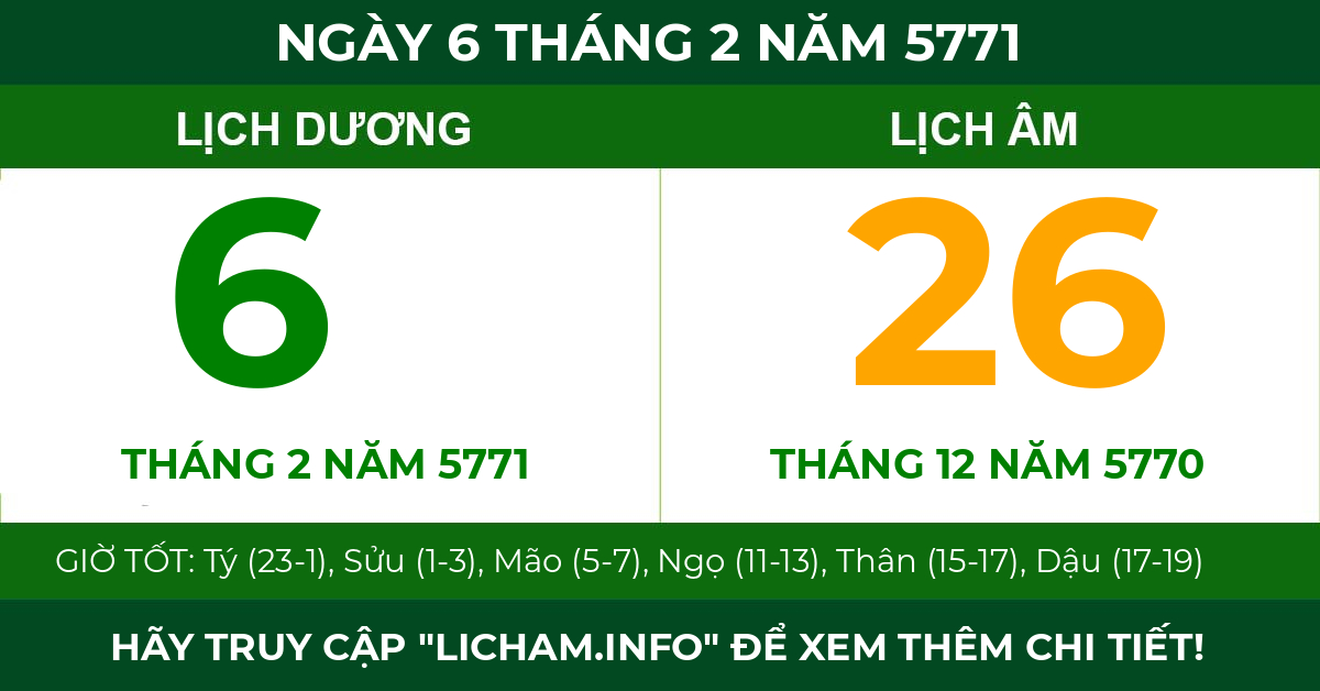 lịch âm ngày 6 tháng 2 năm 5771