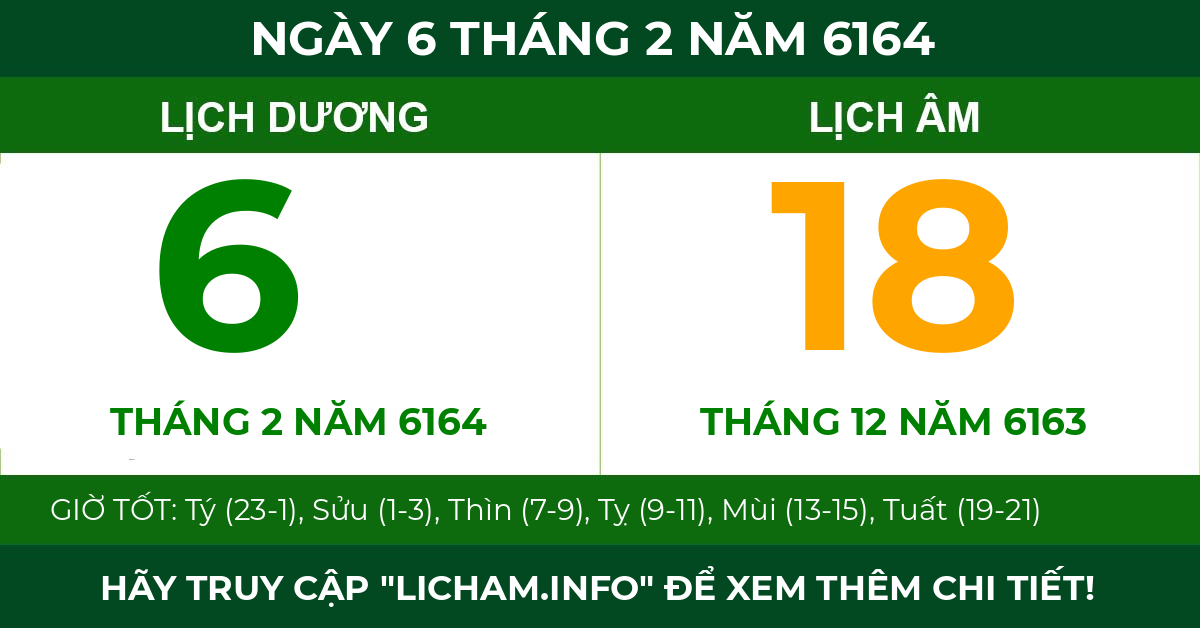 lịch âm ngày 6 tháng 2 năm 6164