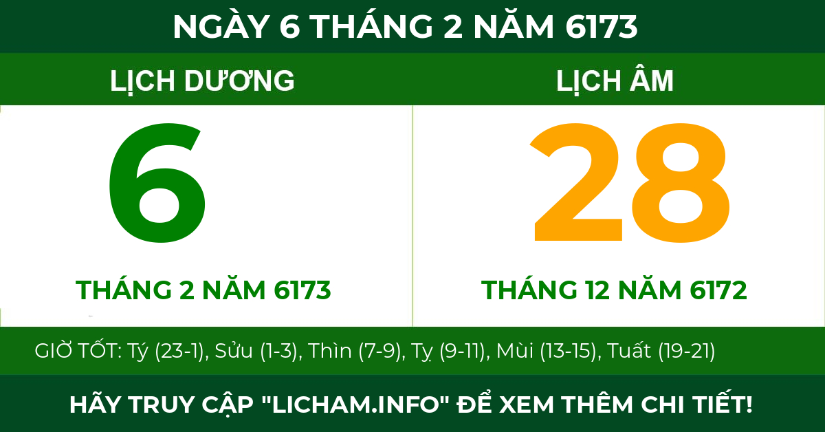 lịch âm ngày 6 tháng 2 năm 6173