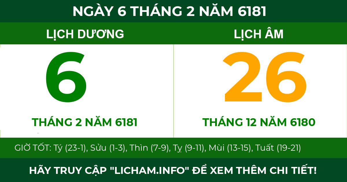 lịch âm ngày 6 tháng 2 năm 6181