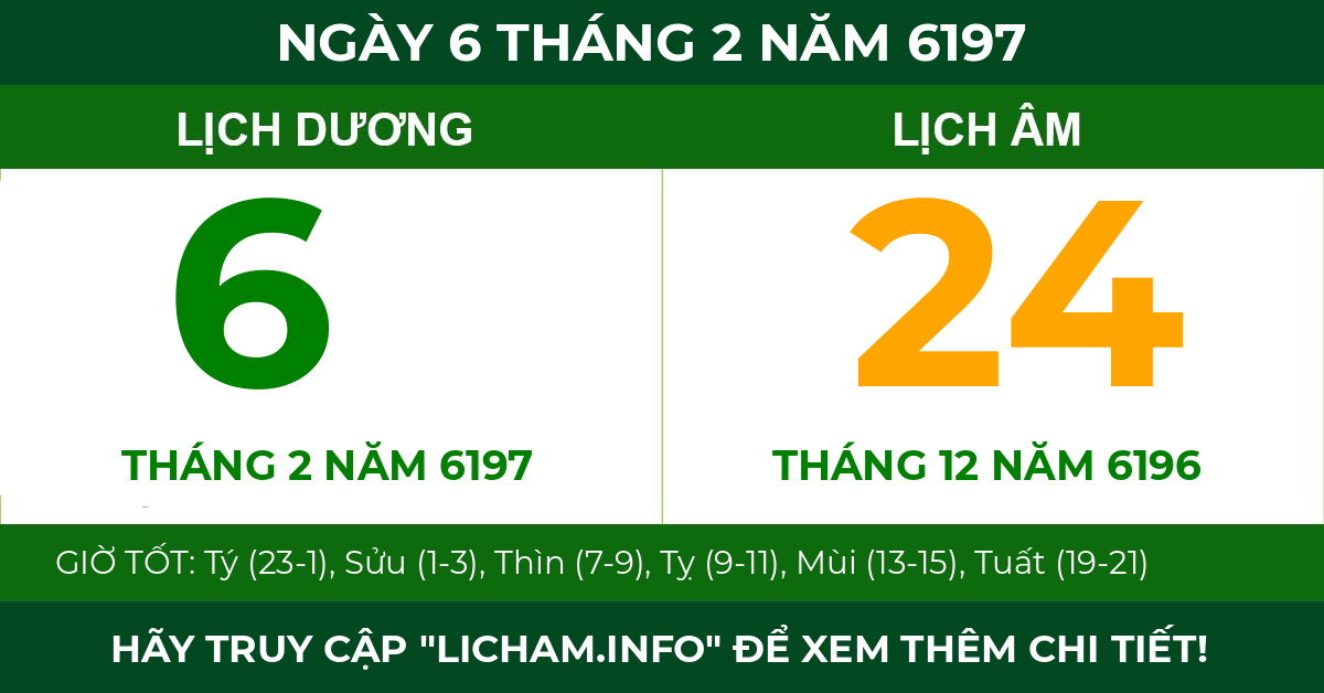 lịch âm ngày 6 tháng 2 năm 6197