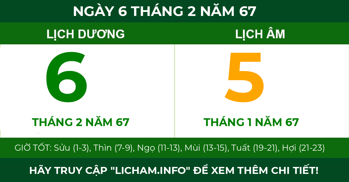 lịch âm ngày 6 tháng 2 năm 67