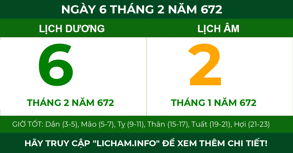 lịch âm ngày 6 tháng 2 năm 672