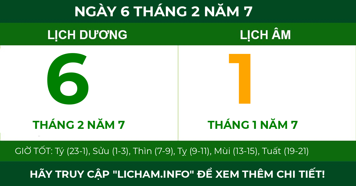 lịch âm ngày 6 tháng 2 năm 7