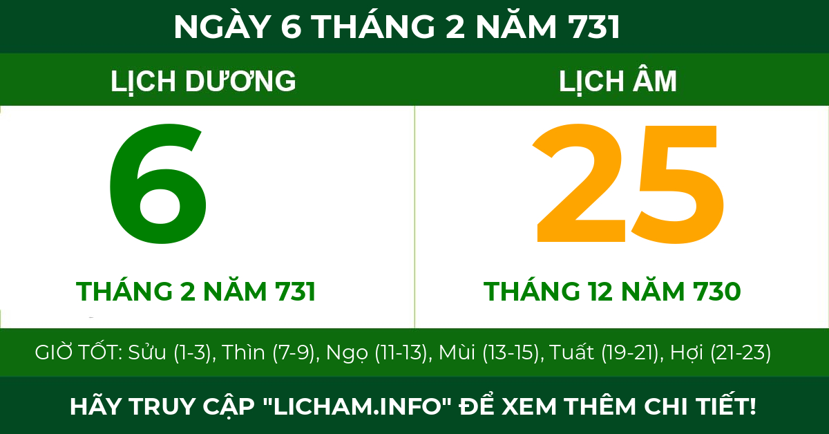lịch âm ngày 6 tháng 2 năm 731