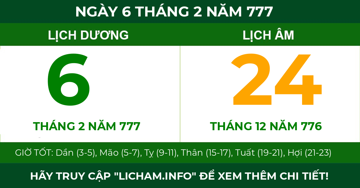 lịch âm ngày 6 tháng 2 năm 777