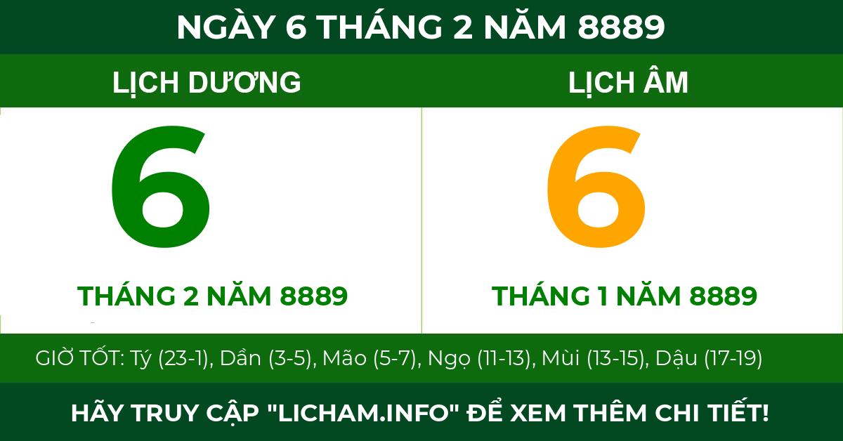 lịch âm ngày 6 tháng 2 năm 8889