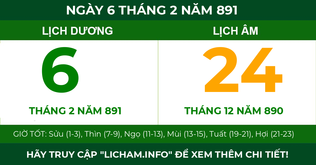 lịch âm ngày 6 tháng 2 năm 891