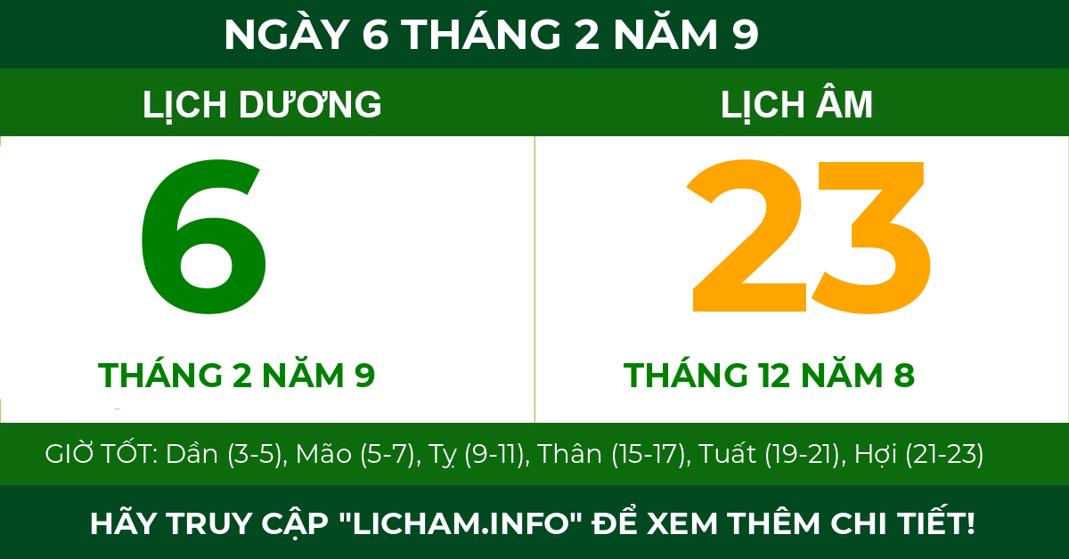lịch âm ngày 6 tháng 2 năm 9