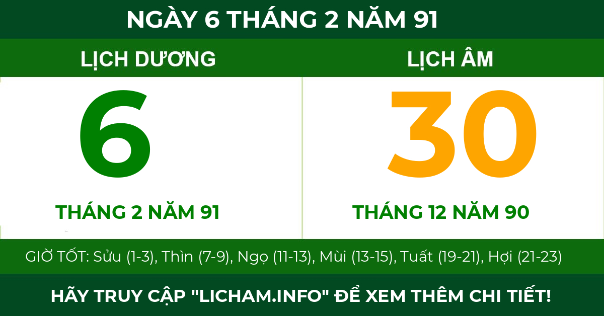 lịch âm ngày 6 tháng 2 năm 91