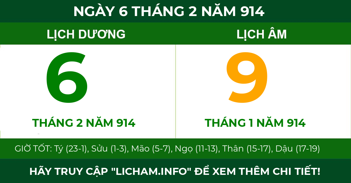 lịch âm ngày 6 tháng 2 năm 914