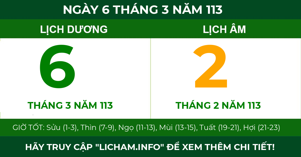 lịch âm ngày 6 tháng 3 năm 113