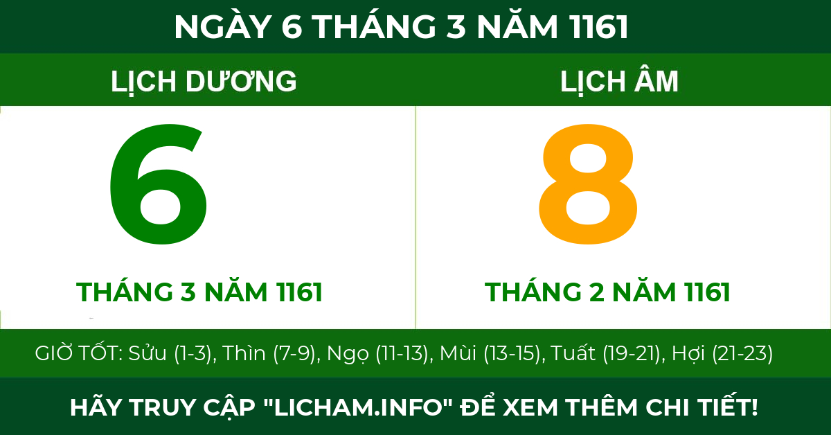 lịch âm ngày 6 tháng 3 năm 1161