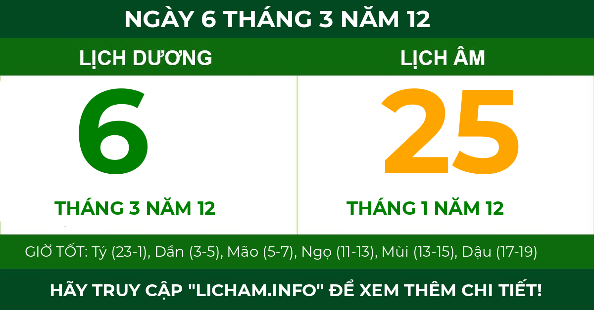lịch âm ngày 6 tháng 3 năm 12