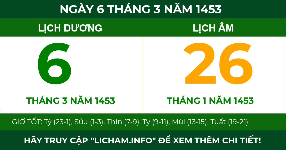 lịch âm ngày 6 tháng 3 năm 1453