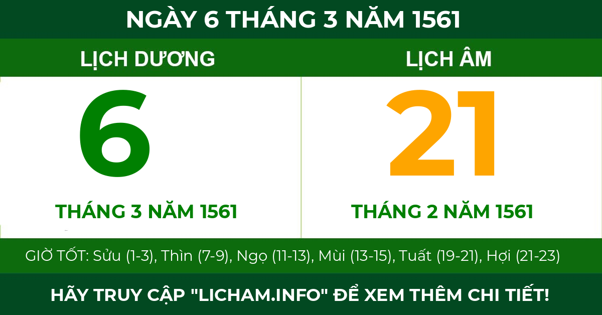lịch âm ngày 6 tháng 3 năm 1561
