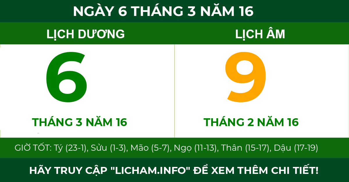 lịch âm ngày 6 tháng 3 năm 16