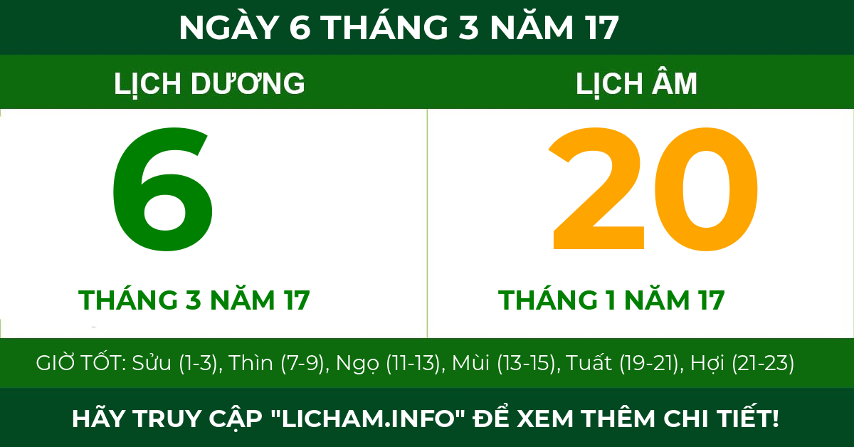 lịch âm ngày 6 tháng 3 năm 17