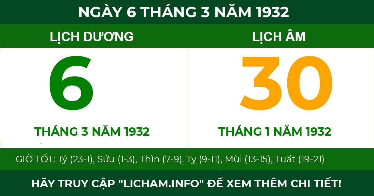 lịch âm ngày 6 tháng 3 năm 1932