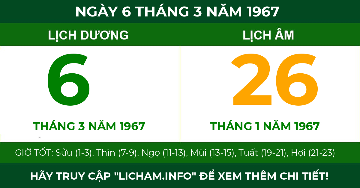 lịch âm ngày 6 tháng 3 năm 1967