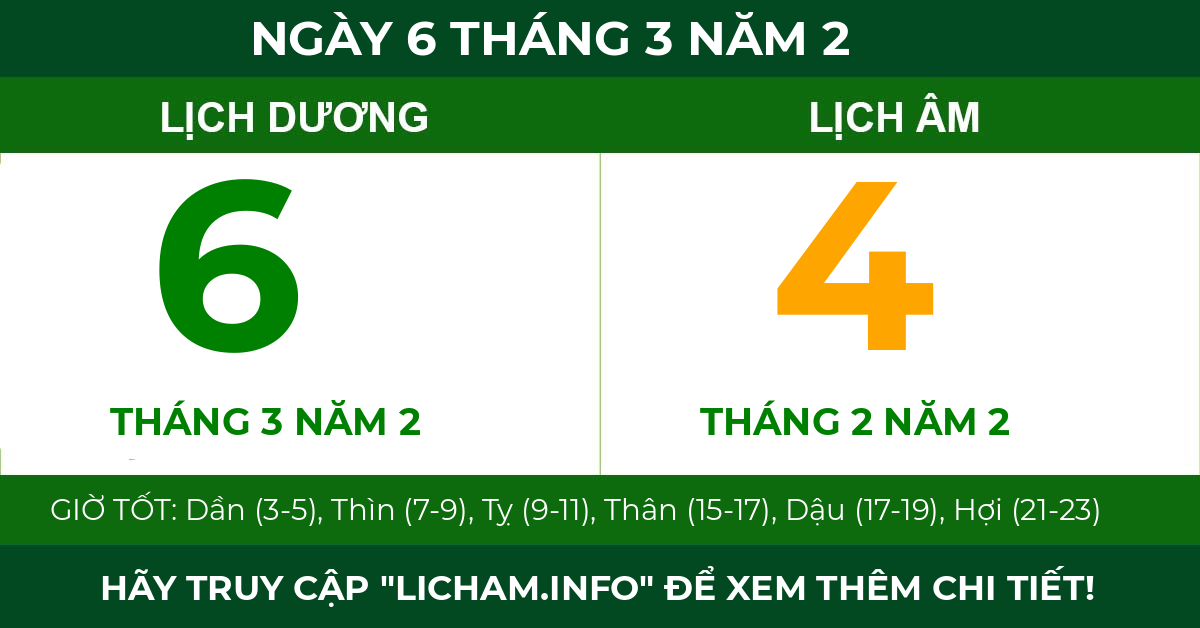 lịch âm ngày 6 tháng 3 năm 2