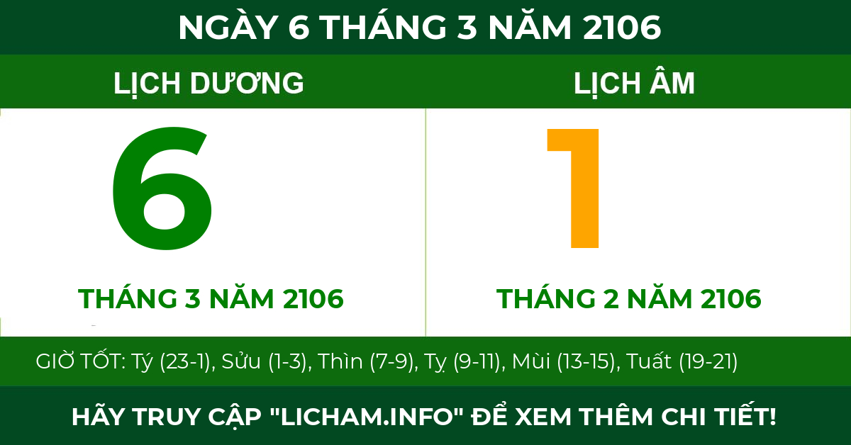 lịch âm ngày 6 tháng 3 năm 2106