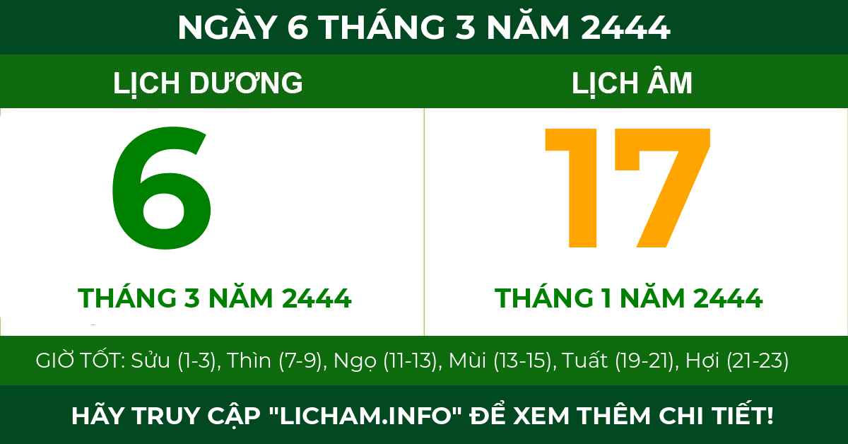 lịch âm ngày 6 tháng 3 năm 2444
