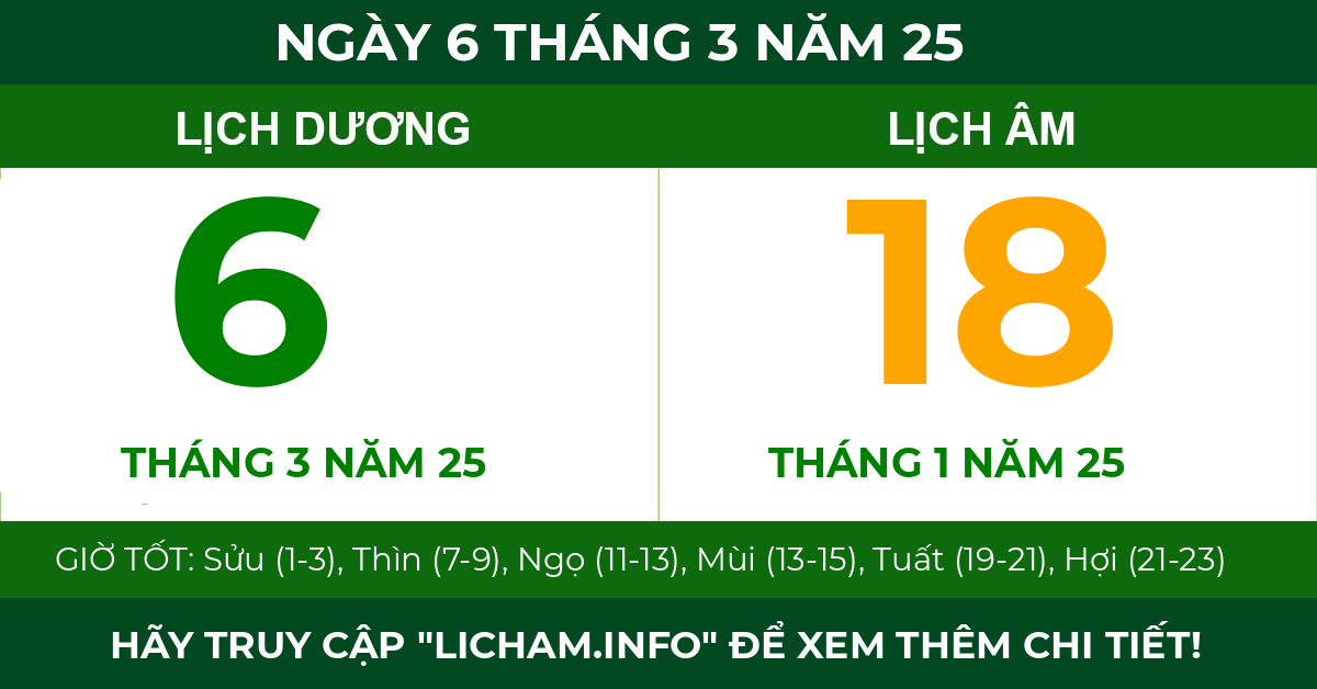 lịch âm ngày 6 tháng 3 năm 25