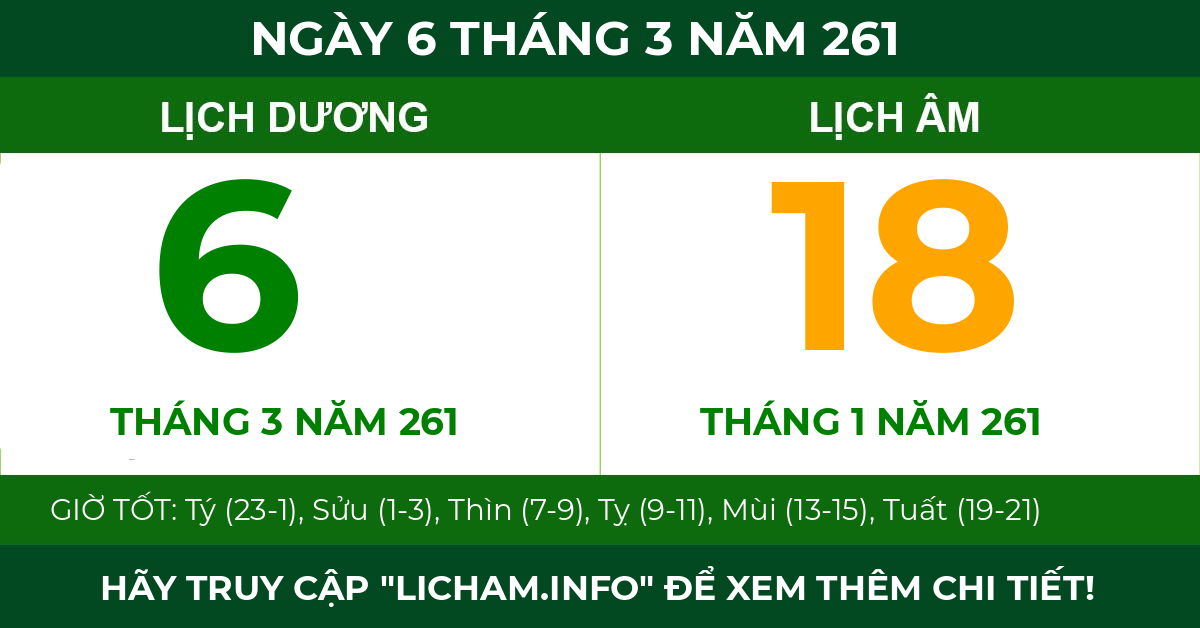 lịch âm ngày 6 tháng 3 năm 261