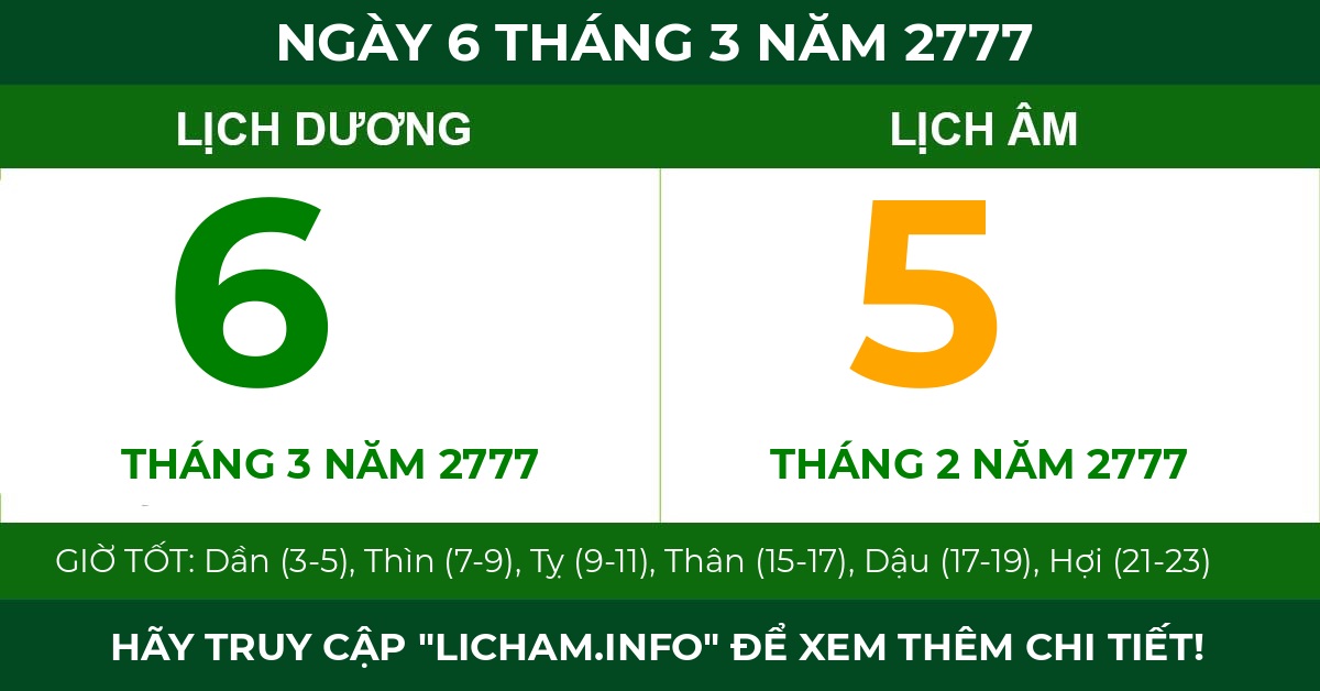 lịch âm ngày 6 tháng 3 năm 2777