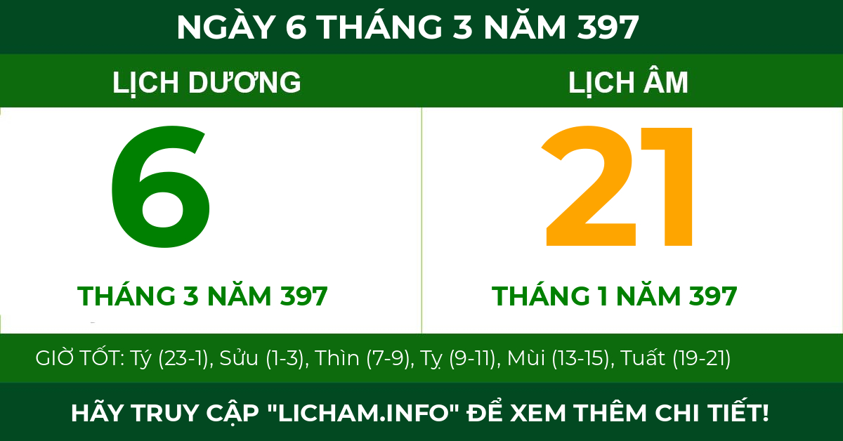 lịch âm ngày 6 tháng 3 năm 397