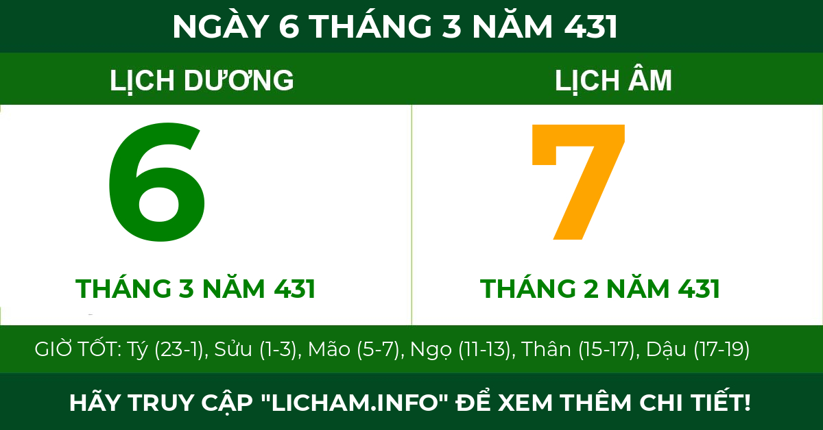 lịch âm ngày 6 tháng 3 năm 431