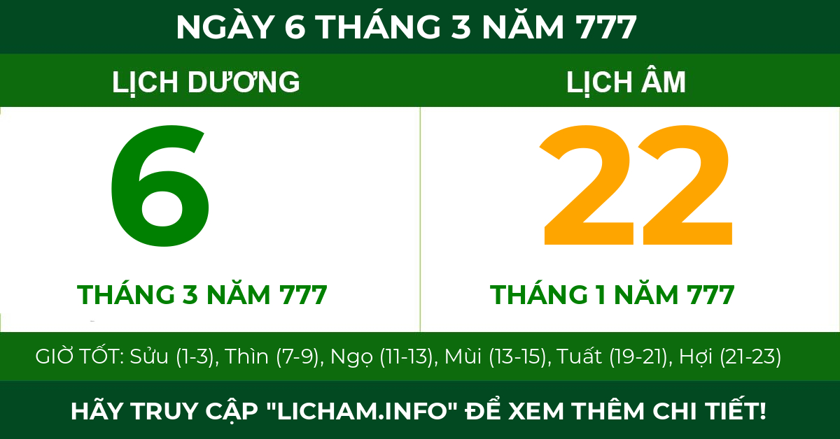lịch âm ngày 6 tháng 3 năm 777