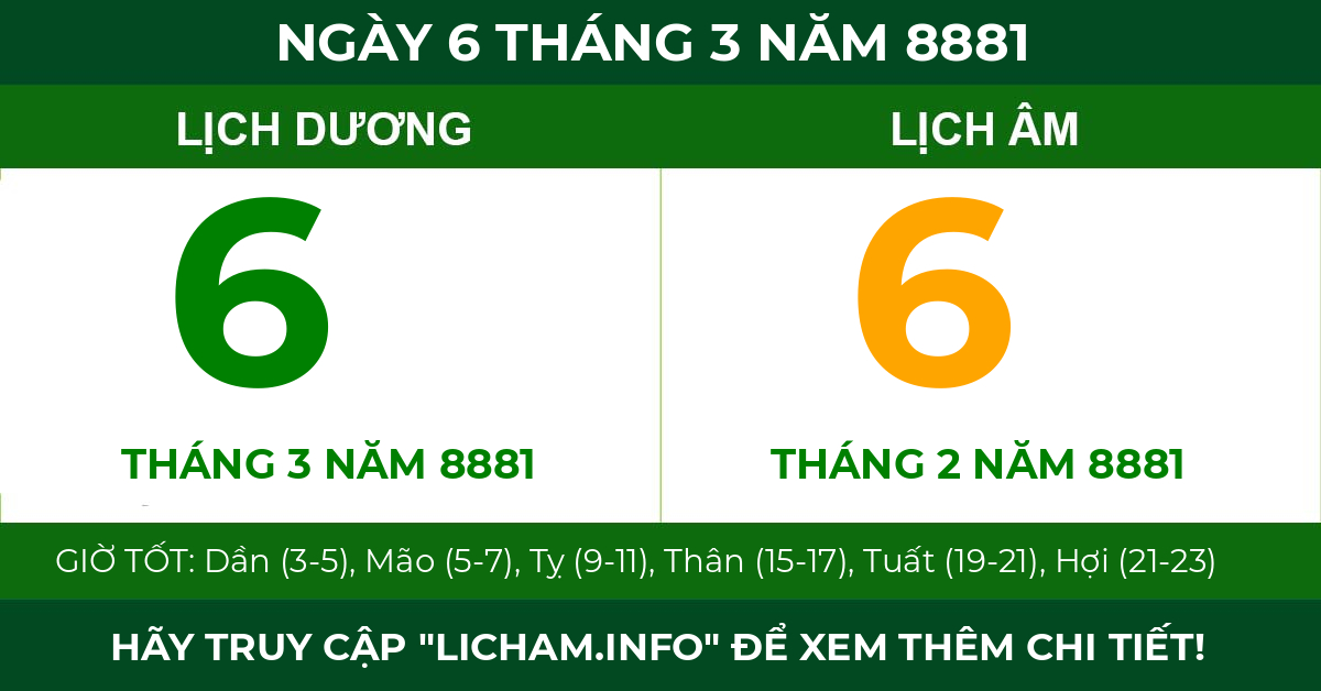lịch âm ngày 6 tháng 3 năm 8881