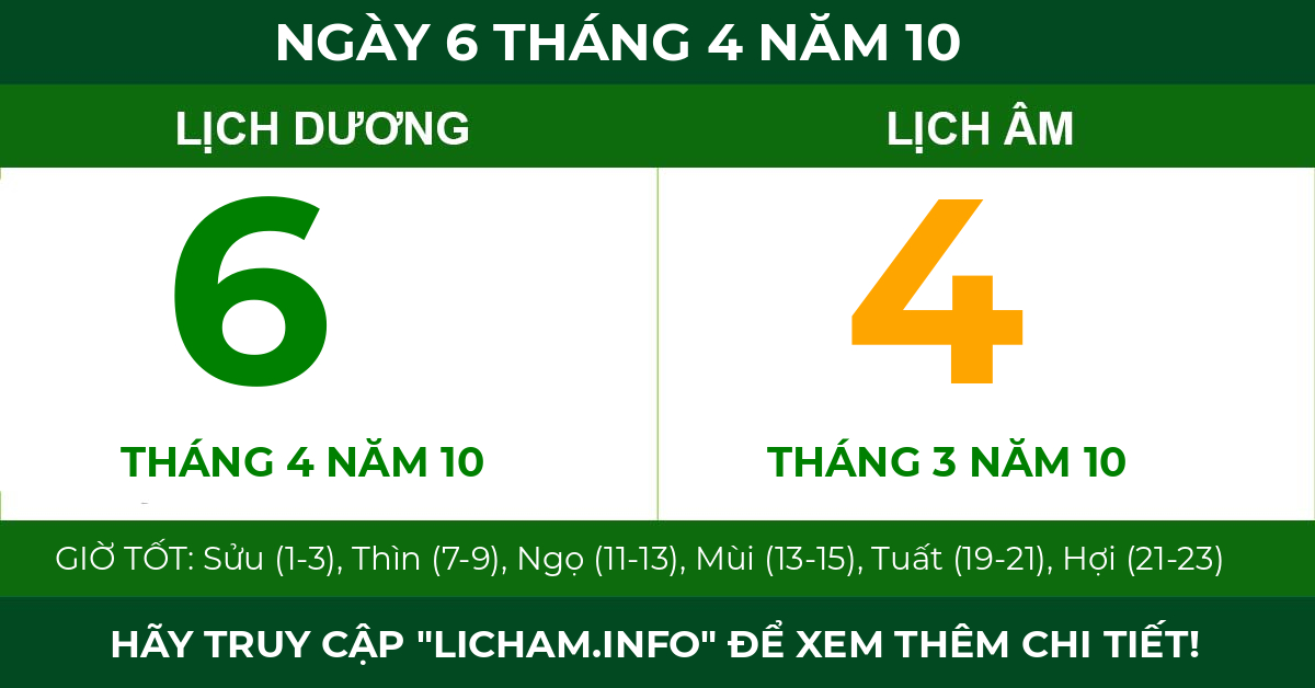 lịch âm ngày 6 tháng 4 năm 10