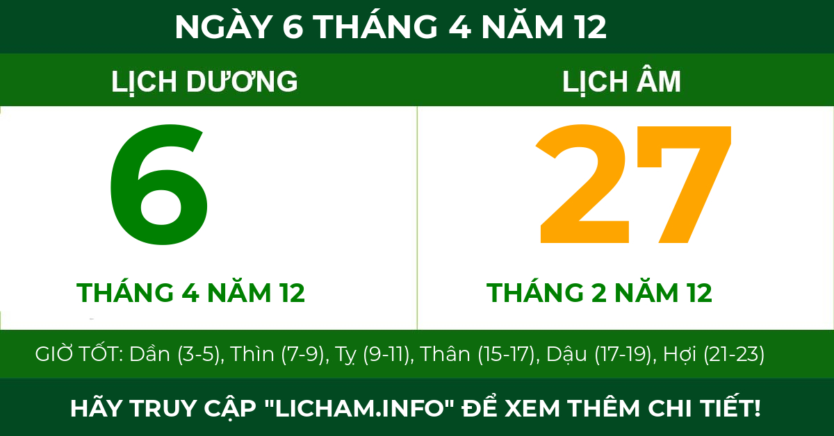 lịch âm ngày 6 tháng 4 năm 12