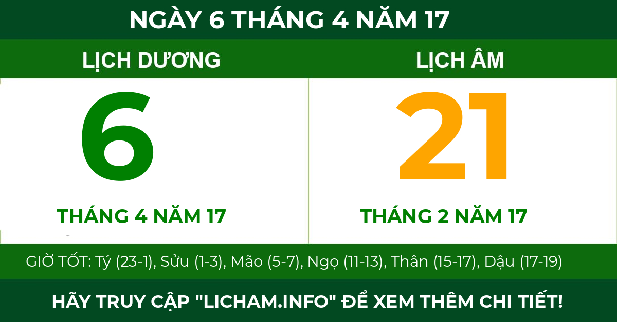 lịch âm ngày 6 tháng 4 năm 17