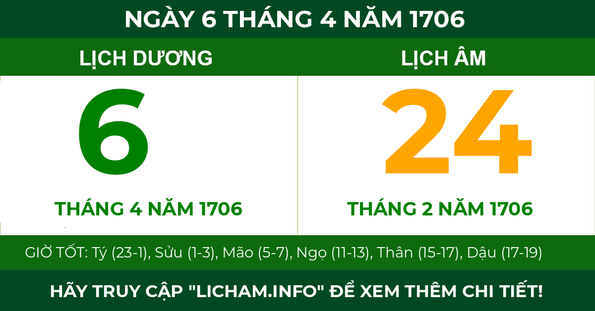 lịch âm ngày 6 tháng 4 năm 1706