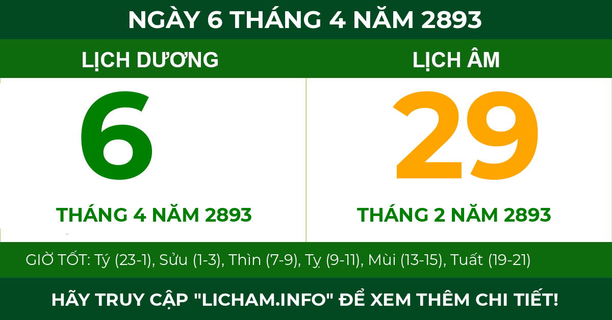lịch âm ngày 6 tháng 4 năm 2893