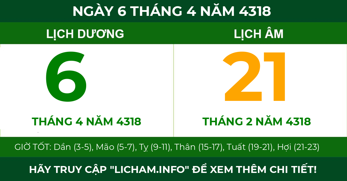 lịch âm ngày 6 tháng 4 năm 4318