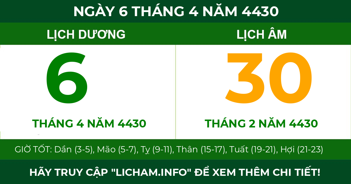 lịch âm ngày 6 tháng 4 năm 4430