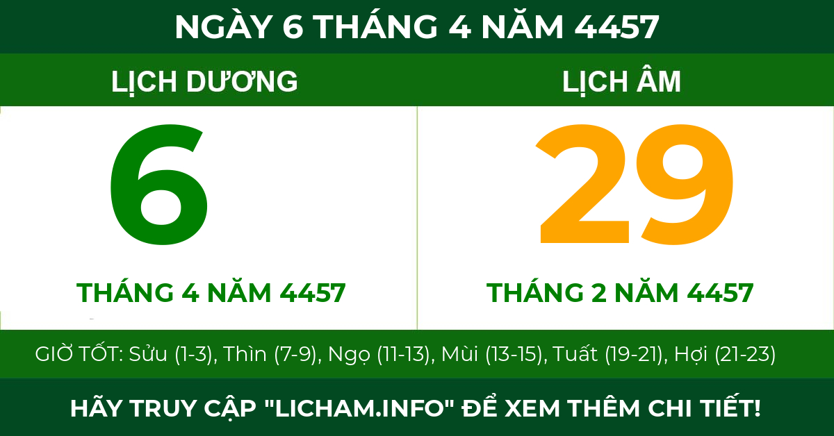 lịch âm ngày 6 tháng 4 năm 4457